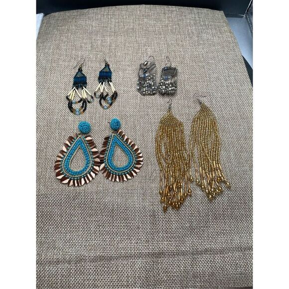 Bundle of Four 4 Pair Artisan Pierced Earrings Tribal Themed Beaded and Metal Mi - Picture 1 of 12